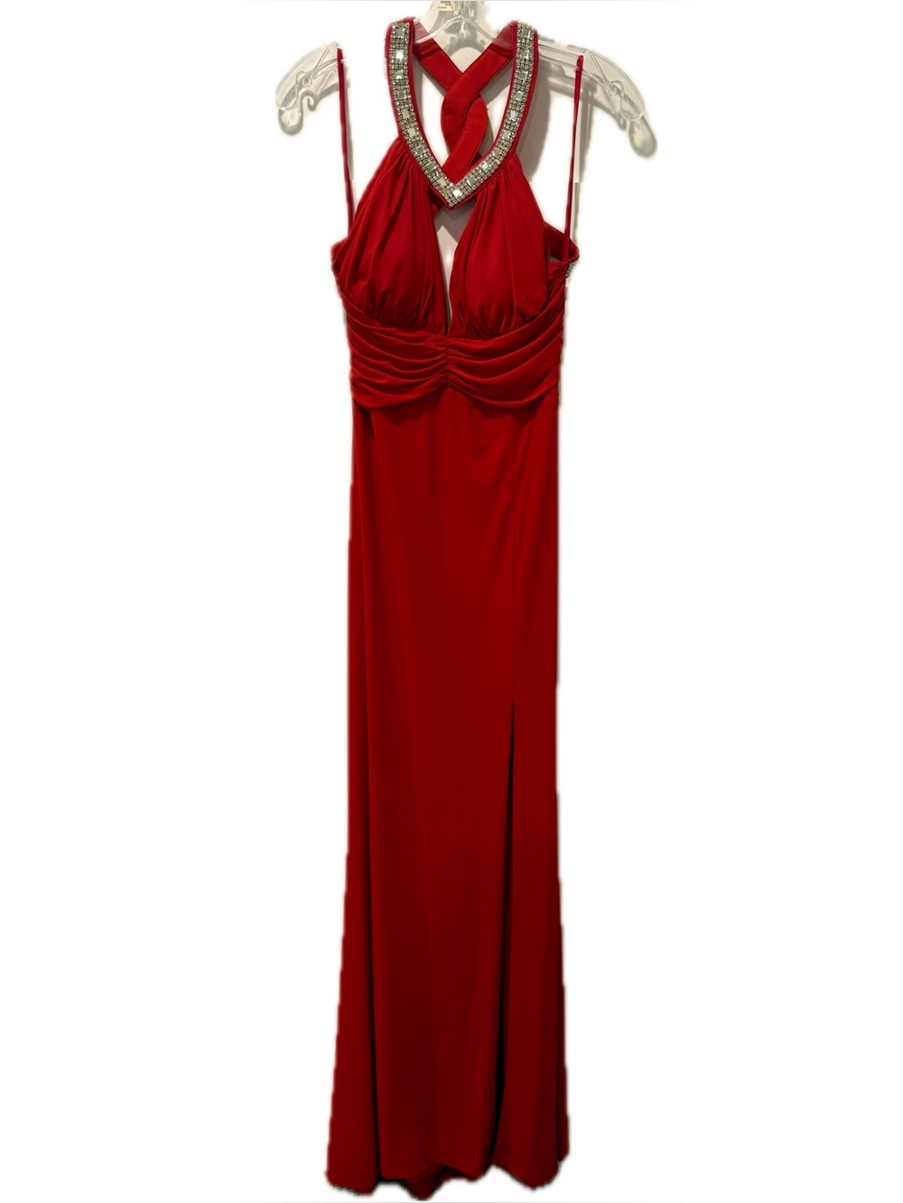 Hailey Logan Rhinestone V Neck Prom Dress in Ruby